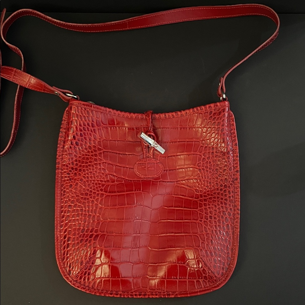 Longchamp Le Roseau Red Croc-Embossed Crossbody Bag - Picture 3 of 7